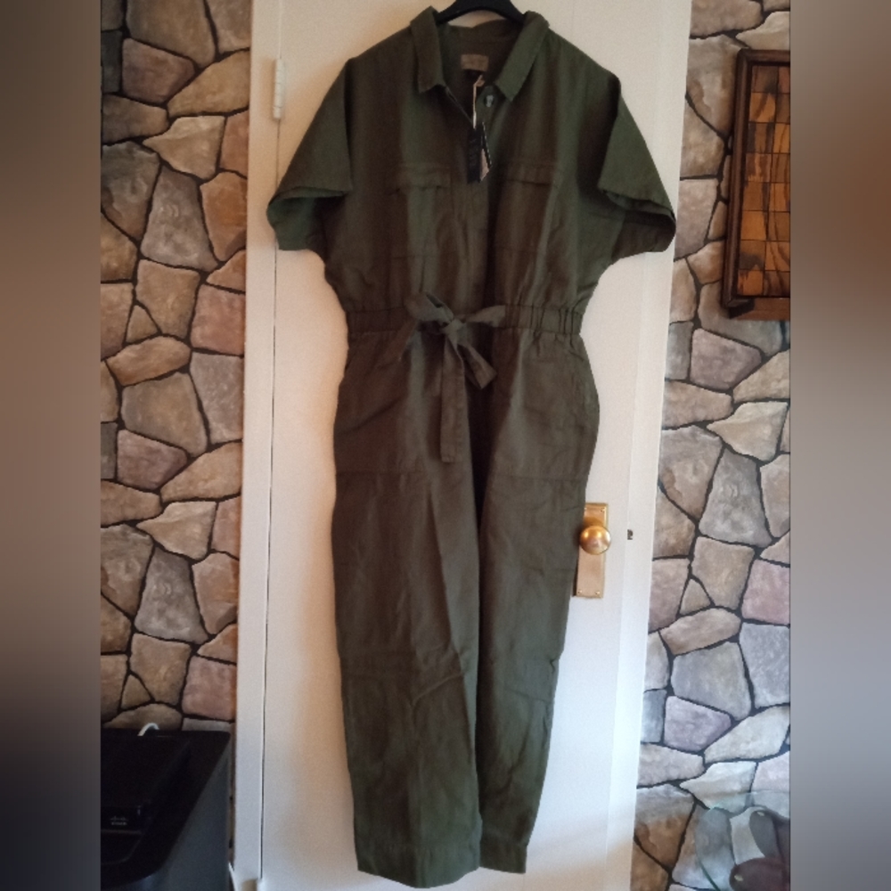 Olive green, denim cotton jumpsuit